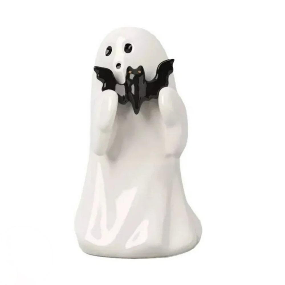 Ceramic‎ White Ghost Holding Bat Halloween Figurine Collectible